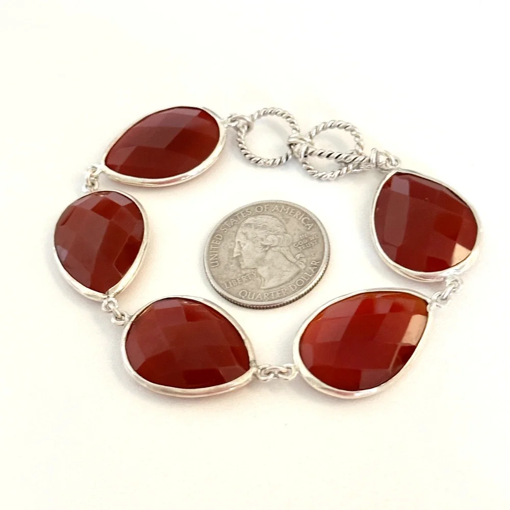 925 Sterling Silver Genuine Carnelian Faceted Teardrop Chain Link Bracelet 7